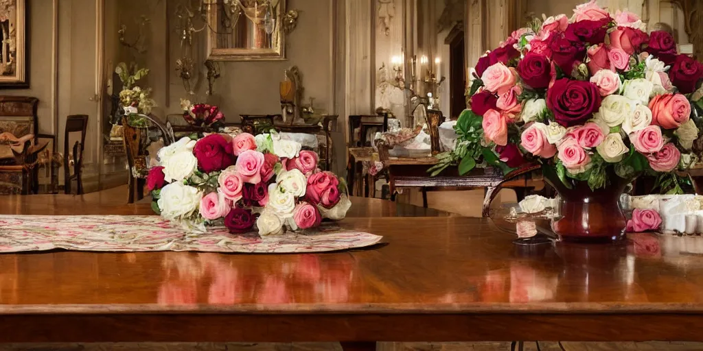 Prompt: low angle establishing shot of a dozen roses placed in a single decorative vase which is centered on a wood grain table located within a luxurious dining room where one man is sitting holding a rose in his hand