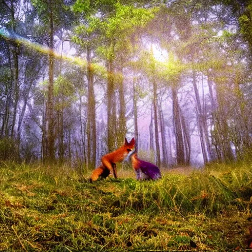 Prompt: an enchanting forest, foxes stand on their hind legs, look at the sky and wave goodbye with their forelegs. there is a purple unidentified flying object in the sky. fantasy. realistic photo. very clear shots.