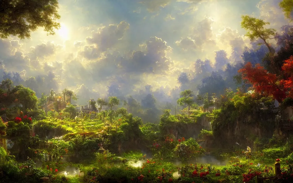 Prompt: 8K HD wallpaper of heaven garden, by Albert bierstadt and jonas de ro ,trending on artstation, wide angle,vivid color,light effect, hyper detailed