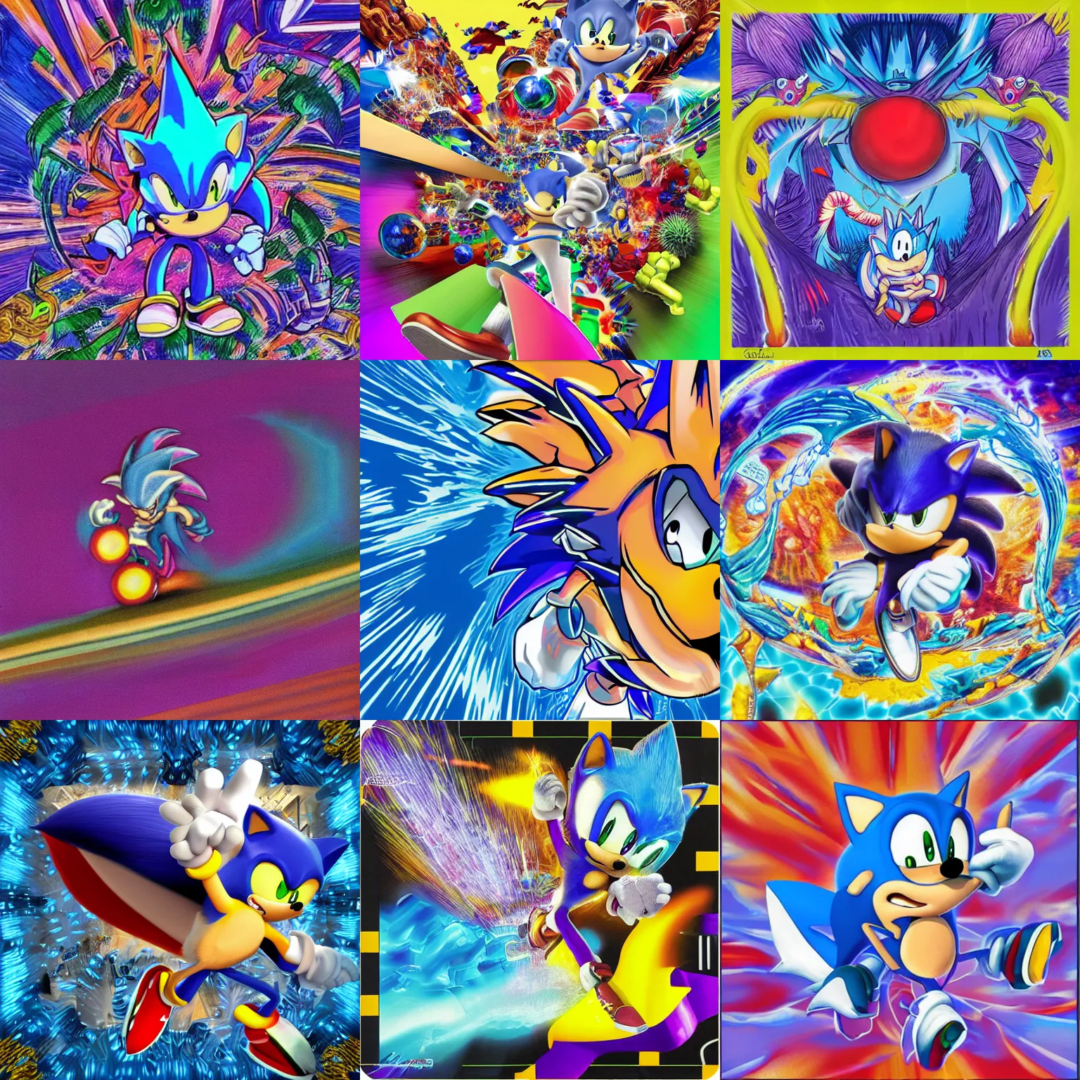 Prompt: sonic the hedgehog in a surreal, sharp, detailed professional, high quality airbrush art MGMT album cover of a liquid dissolving LSD DMT blue sonic the hedgehog surfing through cyberspace, purple checkerboard background, 1990s 1992 Sega Genesis video game album cover