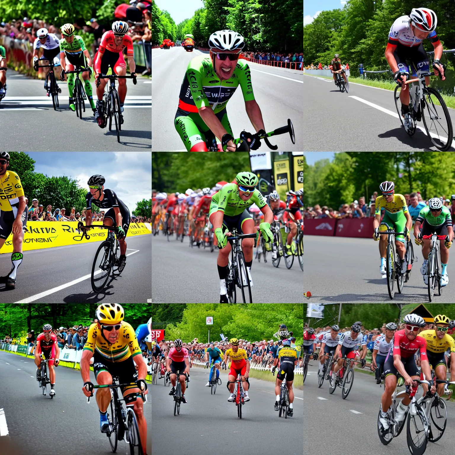 Prompt: bike rider with prosthetic leg in the tour de france, prosthetic leg = pickle rick, action shot, high quality photograph, high resolution