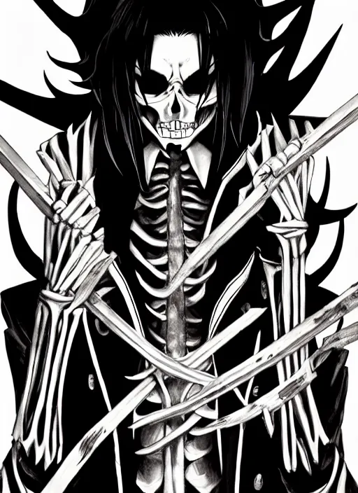 Prompt: shin megami tensei art of a demon that is a skeleton mafia gangster, art by kazuma kaneko, demonic! compedium!, digital drawing, law - alligned, white background, high quality, highly detailed