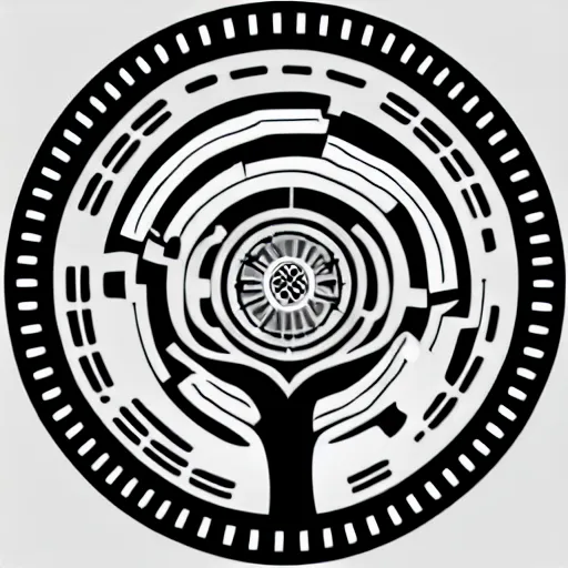 Image similar to black and white sci fi luxury themed svg vector art panel for cnc plasma, laser, stencil, unique art nouveau deco hole through circuit cedar tree forest design