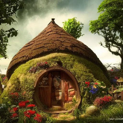 Image similar to a medieval hobbit house made of jelly, ornate, beautiful, atmosphere, vibe, flowers, concept art illustration, color page, 4 k, tone mapping, doll, akihiko yoshida, james jean, andrei riabovitchev, marc simonetti, yoshitaka amano, digital illustration, greg rutowski, volumetric lighting, sunbeams, particles