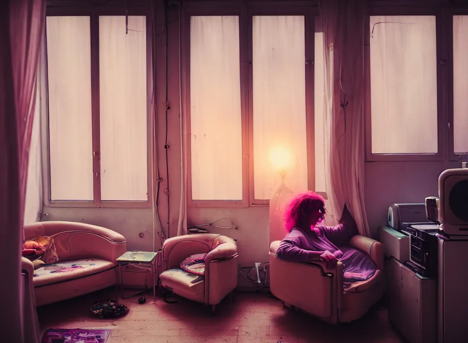 Prompt: telephoto 7 0 mm f / 2. 8 iso 2 0 0 photograph depicting the feeling of chrysalism in a cosy cluttered french sci - fi ( art nouveau ) cyberpunk apartment in a pastel dreamstate art cinema style. ( kitchen, computer screens, window ( city ), fish tank, lamp ( ( ( armchair ) ) ) ), ambient light.