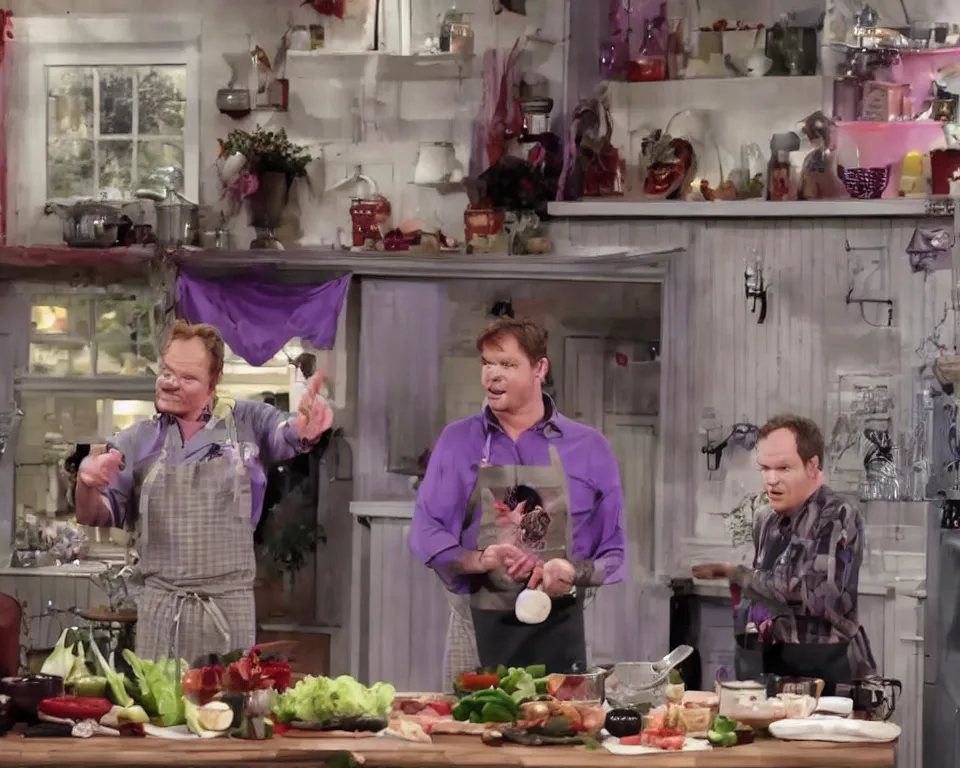 Image similar to barney hosts a cooking show, scene from a horror movie