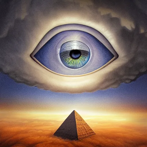 Prompt: Giant hyper-realistic floating eye in the clouds looking down over the upside pyramids in the style of Mark Riddick and Rob Gonsalves, award winning album cover artwork, UHD, 8K High Definition, grain, gradient, noise