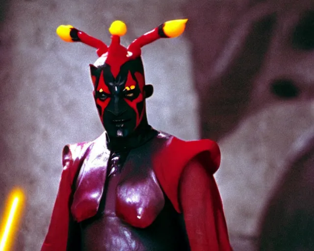 Image similar to Film still of Pikachu as Darth Maul from the movie Star Wars the phantom menace. Photographic, photography