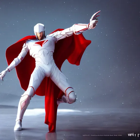 Image similar to cinematic full body shot of a male angel flying, white metallic armor, red cape, elegant pose, detailed arms, detailed white armor, two arms, two legs, detailed fanart, macro art, realistic digital art, DeviantArt, artstation, 3D realistic, 8k HD, octane render