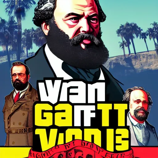 Image similar to Karl Marx in GTA V, Cover art by Stephen Bliss, boxart, loading screen