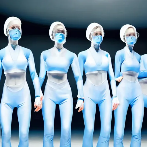 Image similar to line of six identical athletic female clones in formation, white hair, tight light blue neopren suits, elevated conveyor belt, futuristic chemistry lab, sci - fi, highly detailed, cinematic