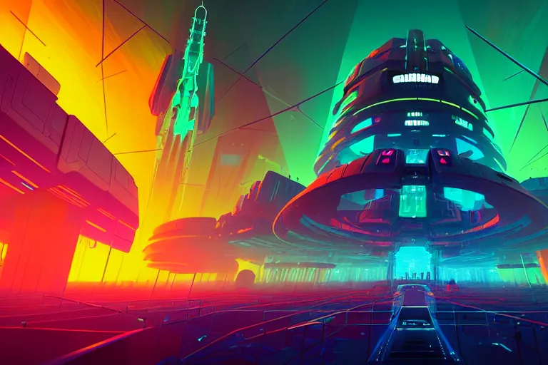 Image similar to a cybernetic cathedral overlooking an higway of data, cyberpunk, beautiful detailed, cinematic, strong lighting, hi - fructose art magazine, by anton fadeev and paul lehr and david heskin and josan gonzalez, 8 k