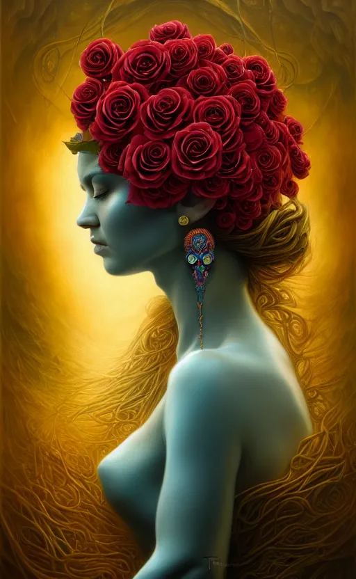 Image similar to portrait of a beautiful rose goddess, unusual beauty, esoteric, outher worldly colours, head in focus, fantasy art, ornamental rose turquoise aesthetics,, intricate, elegant, highly detailed hyperrealistic painting, artstation, concept art, painterly, golden ratio, sharp focus, illustration, art by tomasz alen kopera