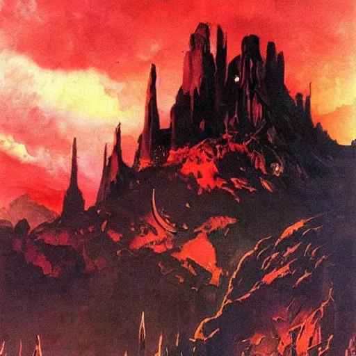 Image similar to an evil fortress, artwork by frank frazetta, red skies with evil glowing eyes