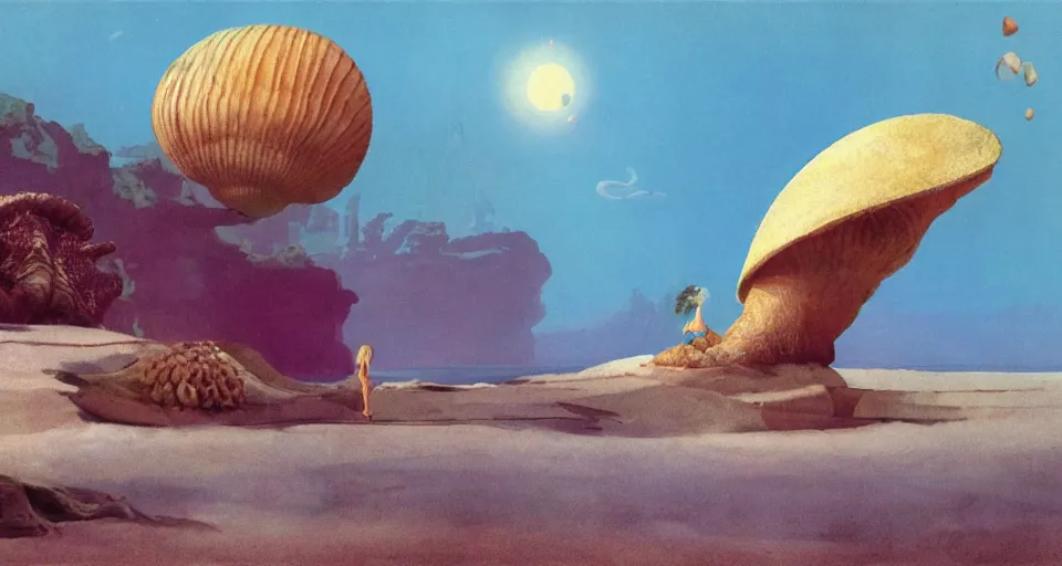 Image similar to a deserted island, giant seashell stands in the middle, surrounded by coral, a girl standing below, concept art by roger dean and john harris, atmospheric