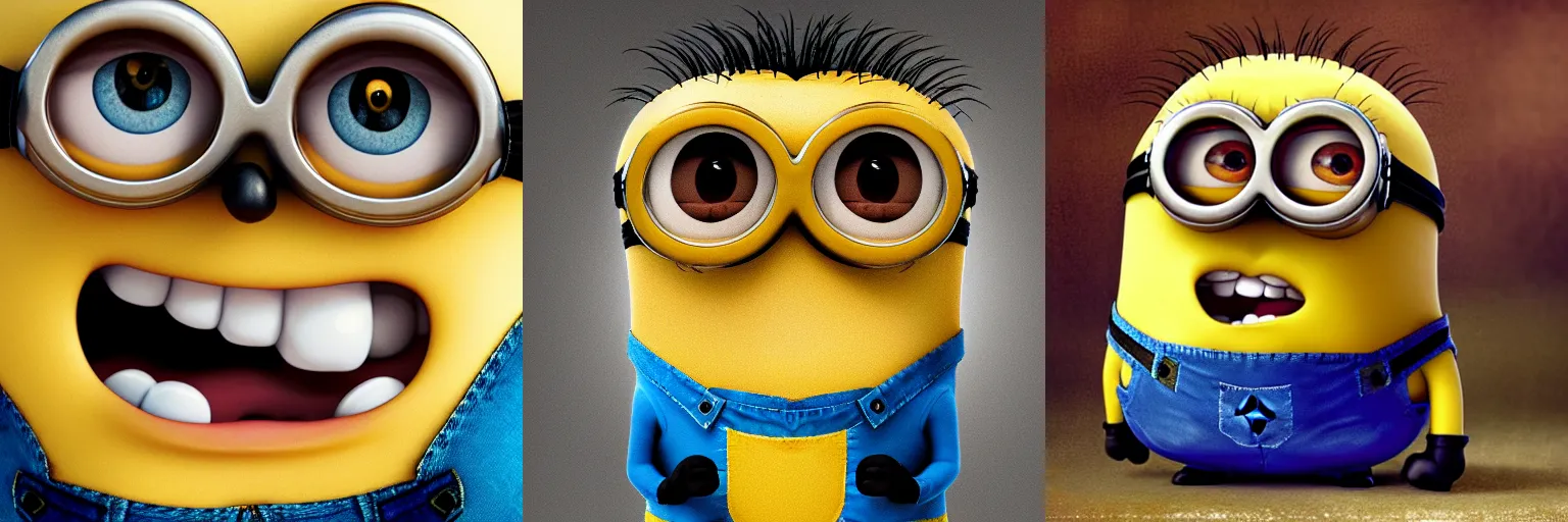 Prompt: A grotesque portrait of a minion from Despicable Me