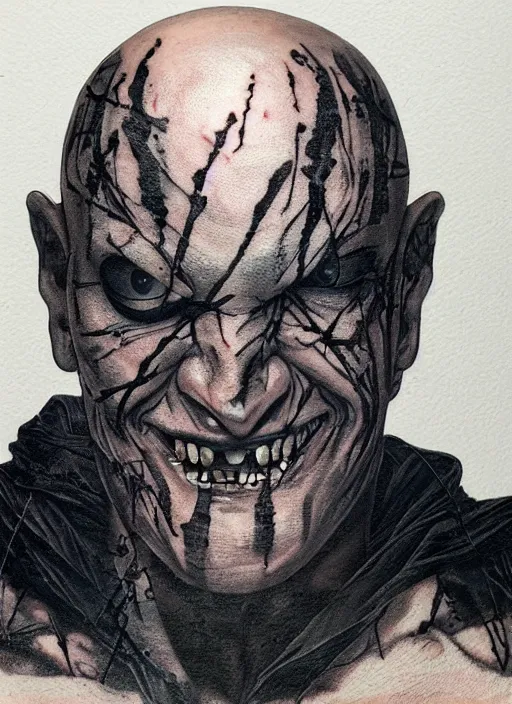 Prompt: a bald man with nails inserted into his two eyes, tattos around eyes, wide evil grin, painting, by greg ruthowski, yoshikata amano, yoji shinkawa, alphonse murac, collaborative artwork, beautifully drawn, heavily detailed