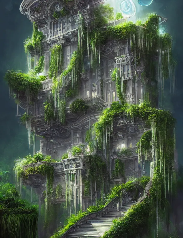 Image similar to a beautiful illustration of a fluid form future mansion with hanging gardens, trending on artstation, digital art, 4 k resolution, detailed, high quality, sharp focus, hq artwork, coherent, insane detail, character portrait
