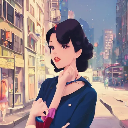 Prompt: portrait of a beautiful girl with dark hair dressed in 1950's fashion, city background, rich vivid colors, ambient lighting, dynamic lighting, 4k, HQ, official media, anime key visual, makoto shinkai, ilya kuvshinov, lois van baarle, rossdraws, detailed, trending on artstation