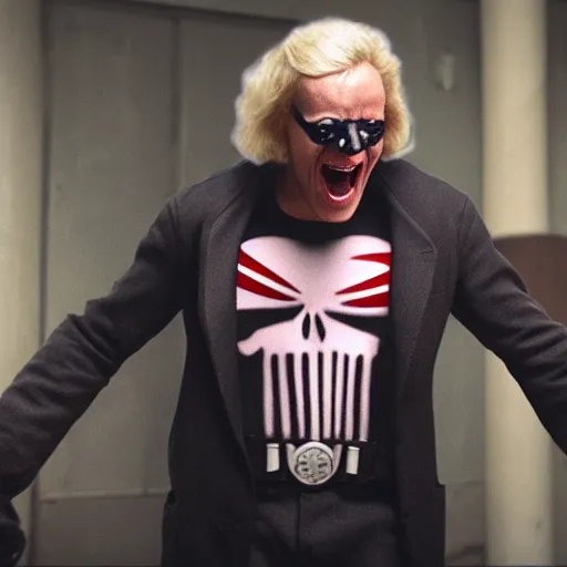 Prompt: Jimmy Saville as Punisher, cinematic, movie still, photorealistic, laughing, 8k,