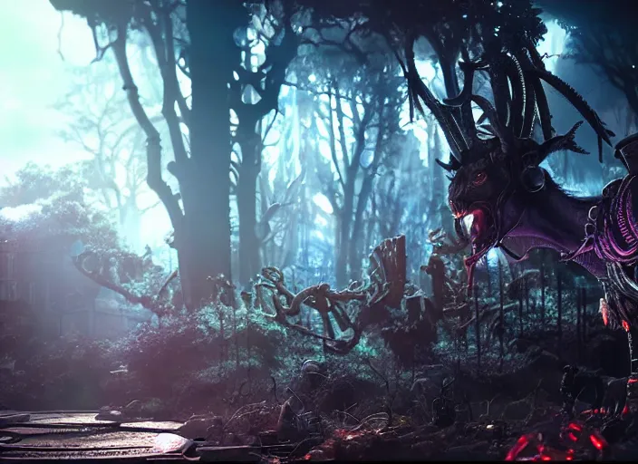 Prompt: intricate goat from overlord anime, on the background of a weird magical mechanical forest. Very detailed 8k. Fantasy cyberpunk horror. Sharp. Cinematic post-processing. Unreal engine. Nanite rendering. Ray tracing