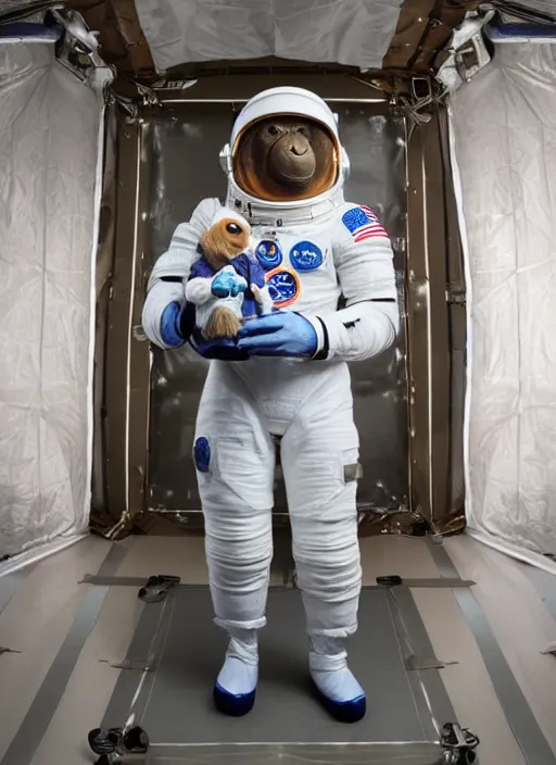 Prompt: studio photo still of a full body orangutan in a!!!! space suit wearing a space suit dressed as an astronaut!!!!, 8 k, studio lighting, key light from right side,