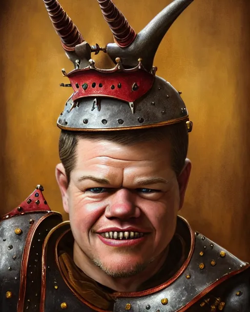 Image similar to highly detailed closeup, face profile portrait of a tin toy matt damon as a medieval demon with horns eating cakes in a castle, hyper realistic, artstation, illustration, nicoletta ceccoli, mark ryden, lostfish, dan decarlo, bob clampett, max fleischer, digital paint, matte paint, vivid colors, detailed and intricate environment