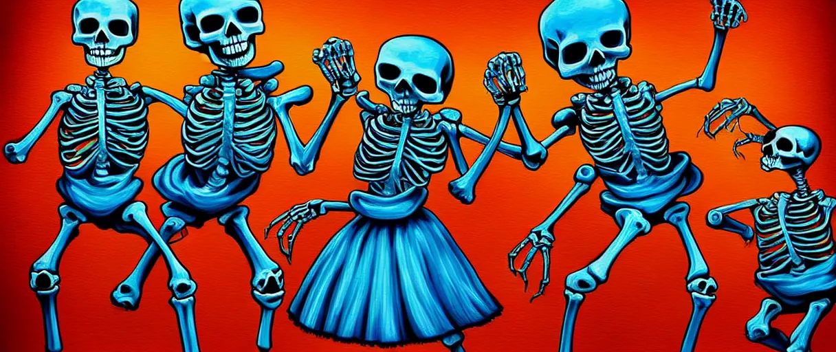 Image similar to hyperrealistic popart very cute milticolored medieval skeletons dancing jason limon digital painting dramatic blue lighting wide angle hd 8k sharp shallow depth of field