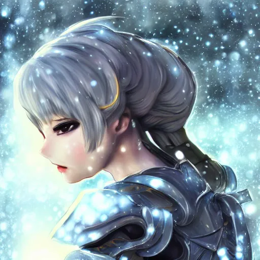 Prompt: portrait focus of knight beautiful 3D anime girl, bionic armor wearing, dark forest background, snowing, bokeh, inspired by Masami Kurumada, digital painting, high contrast, unreal engine render, volumetric lighting, high détail