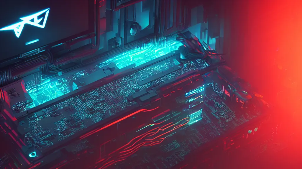 Image similar to a cyberpunk overpowered computer. Overclocking, watercooling, custom computer, cyber, mat black metal, orange neon stripes, alienware, futuristic design, Beautiful dramatic dark moody tones and lighting, Ultra realistic details, cinematic atmosphere, studio lighting, shadows, dark background, dimmed lights, industrial architecture, Octane render, realistic 3D, photorealistic rendering, 8K, 4K, computer setup, intricate details