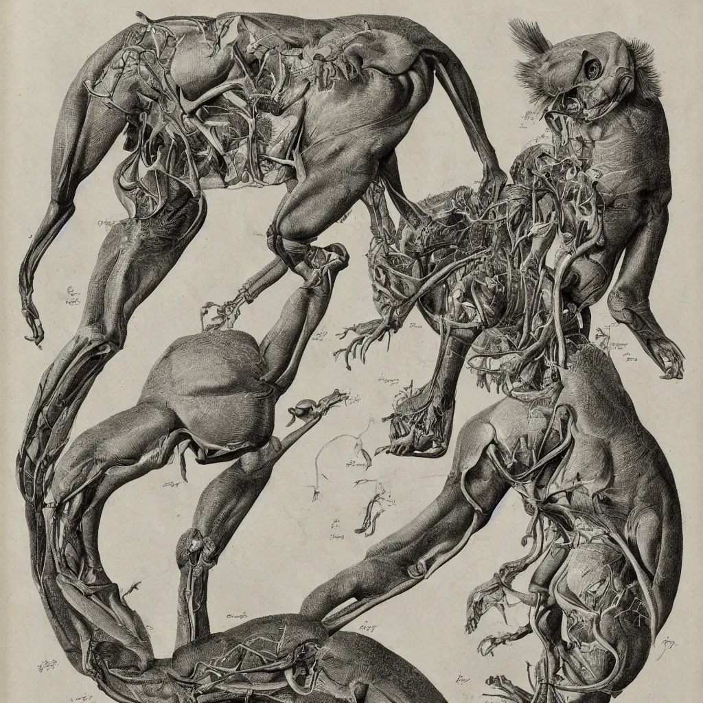 Image similar to anatomical engraving of an unknown specie, anatomical study of animal hybrids from another universe