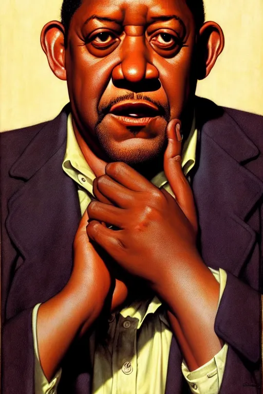 Prompt: forest whitaker by gil elvgren and norman rockwell and rob gonsalves and hajime sorayama, hyperrealistic, high detail, ultra detailed, highly detailed face, ruffled fabric