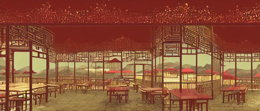 Image similar to a beautiful simple interior 4 k hd wallpaper illustration of small roasted string hotpot restaurant restaurant, from china, wallpaper with pagoda and mountain, fine simple delicate structure, chinese style, simple style structure decoration design, victo ngai, 4 k hd