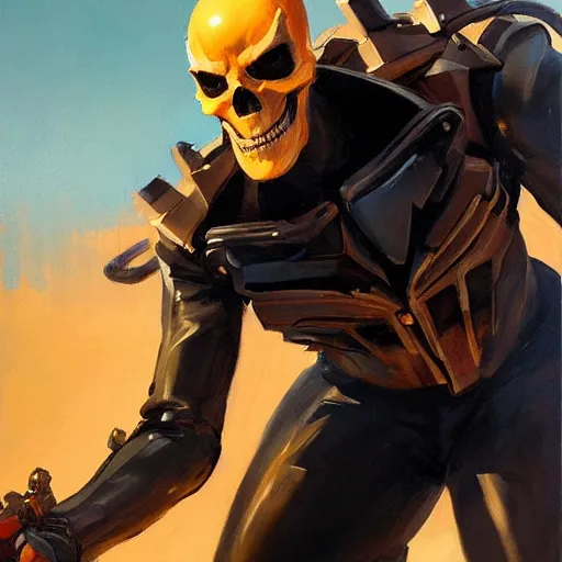 Image similar to greg manchess portrait painting of ghost rider as overwatch character, medium shot, asymmetrical, profile picture, organic painting, sunny day, matte painting, bold shapes, hard edges, street art, trending on artstation, by huang guangjian and gil elvgren and sachin teng