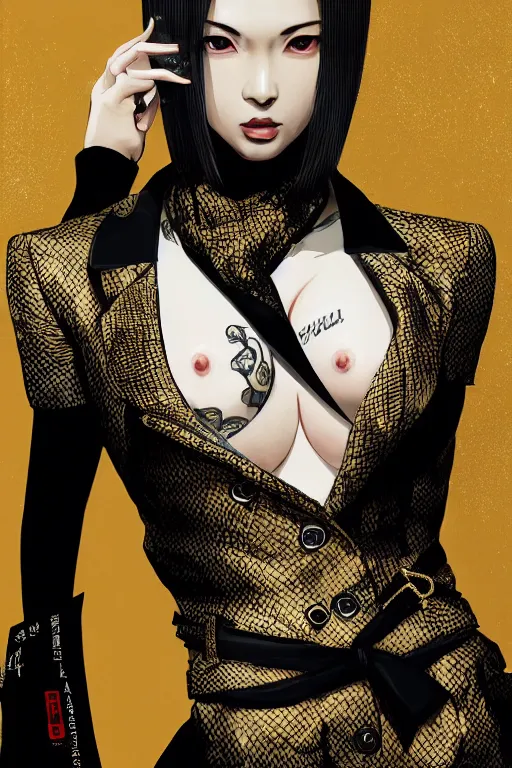 Prompt: yakuza slim girl, gold suit jacket in snake print, jacket over bare torso, yakuza tattoo on body, G cup breasts, black short curtain haircut, black leather pants with black belt, portrait, elegant, 2d, ultra highly detailed, digital painting, smooth, sharp focus, artstation, art by Ilya Kuvshinov, rossdraws