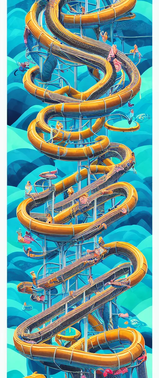 Image similar to twisted water slides, centered award winning ink pen illustration, isometric abstract illustration by dan mumford, edited by craola, technical drawing by beeple and tooth wu, tiny details by artgerm and watercolor girl, symmetrically isometrically centered