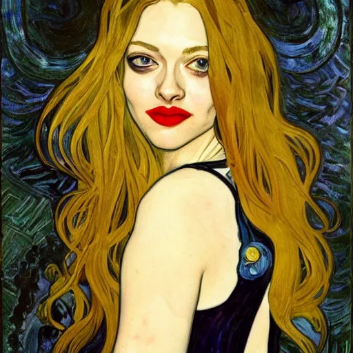 Prompt: painting of amanda seyfried at the cucumber soup party, elegant, clear, painting, stylized, art, art by alphonse mucha, vincent van gogh, egon schiele,