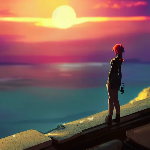 Image similar to A cyborg girl standing on the hill looking at the sea with a sunset in style of Makoto Shinkai and Cyberpunk. ArtStation, 8K, Highly Detailed, Intricate, Album Art.