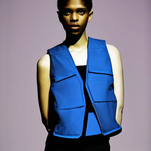 Prompt: realistic photoshooting for a new issey miyake lookbook, color film photography, portrait of a beautiful woman, model is wearing techtical vest, blue direct lightning, photo in style of tyler mitchell, 3 5 mm,