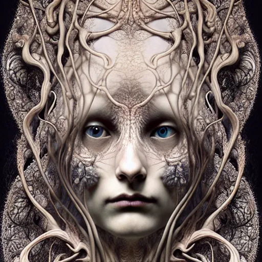 Image similar to detailed realistic porcelain beautiful calaveras death goddess face portrait by jean delville, gustave dore, iris van herpen and marco mazzoni, art forms of nature by ernst haeckel, art nouveau, symbolist, visionary, gothic, neo - gothic, pre - raphaelite, fractal lace, intricate alien botanical biodiversity, surreality, hyperdetailed ultrasharp octane render