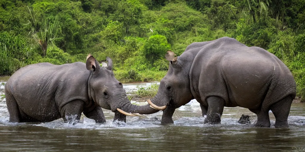 Prompt: a hippo with a rhino's horn and an elephant's trunk, in a river in the jungle, extremely high fidelity, natural lighting