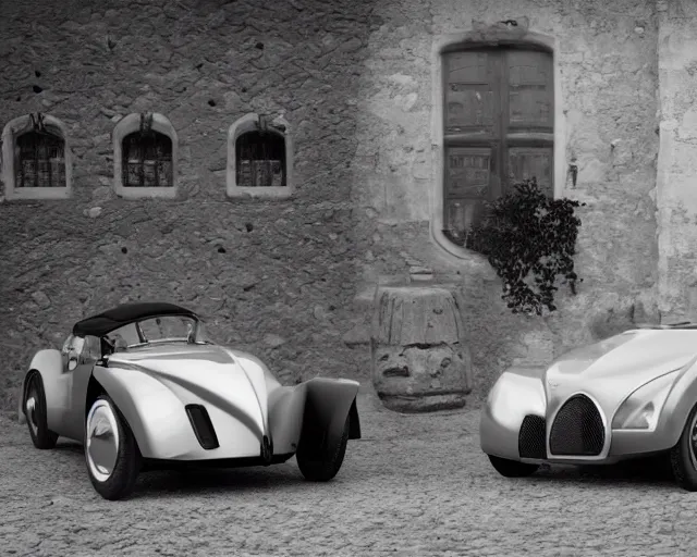 Prompt: a single bugatti type 5 7 sc atlantic and tesla roadster hybrid, dslr, cinematic, photorealistic, hyperdetailed