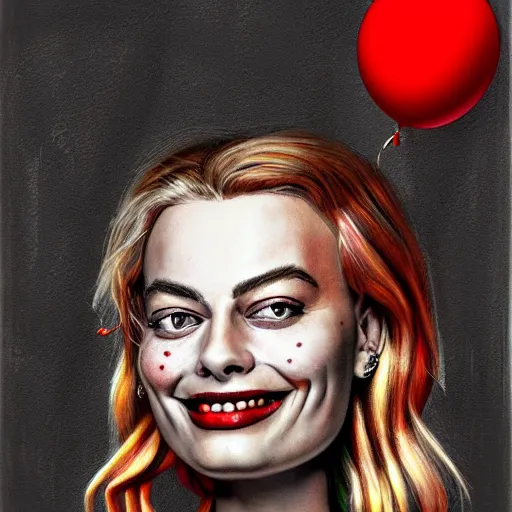 Image similar to surrealism grunge cartoon portrait sketch of margot robbie with a wide smile and a red balloon by - michael karcz, loony toons style, horror theme, detailed, elegant, intricate