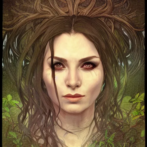 Image similar to head and shoulders portrait of an evil witch in a forest, dark fantasy, mystic, elegant, intricate, face, medium shot, trending on pixiv, volumetric light, by Fernanda Suarez and Alphonse Mucha