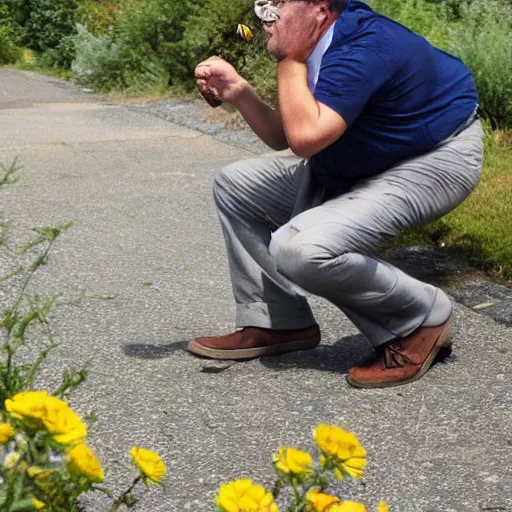 Image similar to a photo of a man arguing with a bee, the man is losing