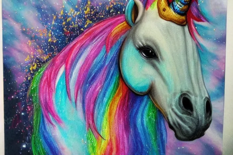 Image similar to the most horrible unicorn art imaginable, airbrush, sparkles, trashy