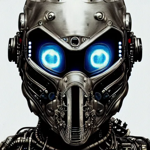 Image similar to ultra realistic, intricate detailed, painting of a single rugged cyborg male in helmet, helmet in form of star, bearded face, cyborg tech on body, symmetry accurate features, cyberpunk, industrial, very intricate details, focus, high resolution, 4 k, artstyle h. r. giger and hiraku tanaka