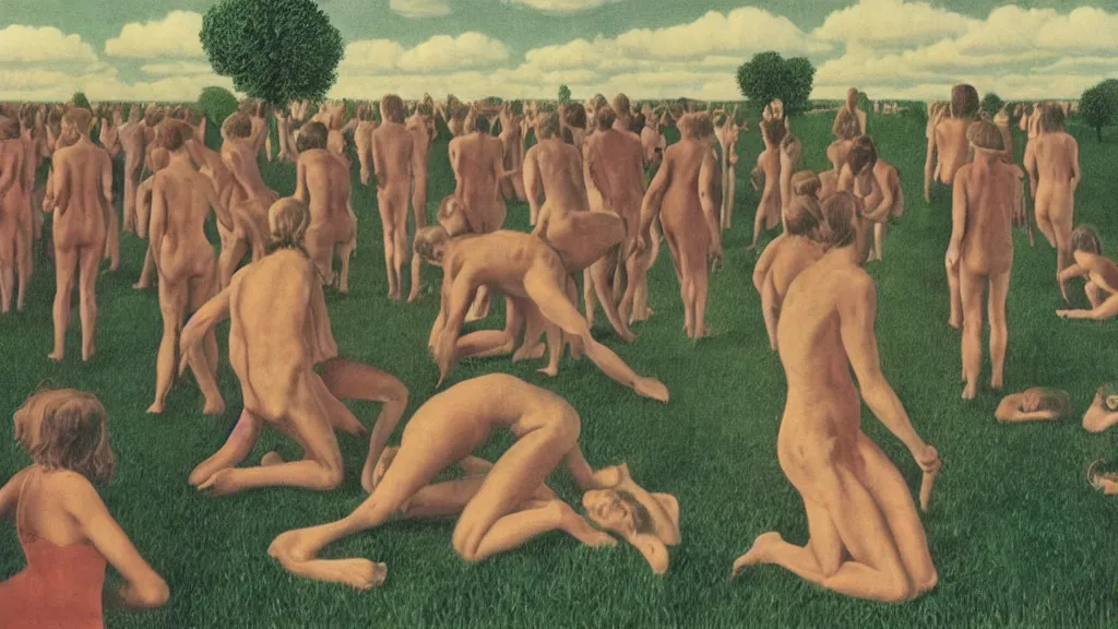 Image similar to A vintage scientific illustration from the 1970s of a Swedish cult performing a human sacrifice to the gods during the midsummer festival in Sweden in the summer on the meadows by René Magritte