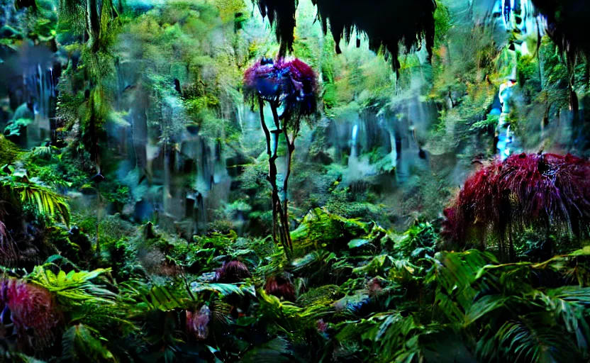 Image similar to a beautiful render of a dark prehistoric rainforest in a humongous cave, lush flora, patches of sky, magenta, green, sunset, floating mountains and a waterfall in the background, intricate detail, hazy, humid, volumetric lighting, 8 k, photorealistic, raytracing effects, unreal engine 5