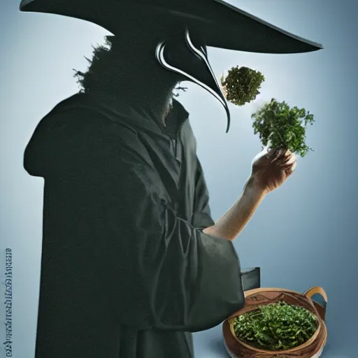 Image similar to mysterious plague doctor holding herbs while looking at a patient, modern art, ultra realistic picture, ultra detailed, award winning, 8 k